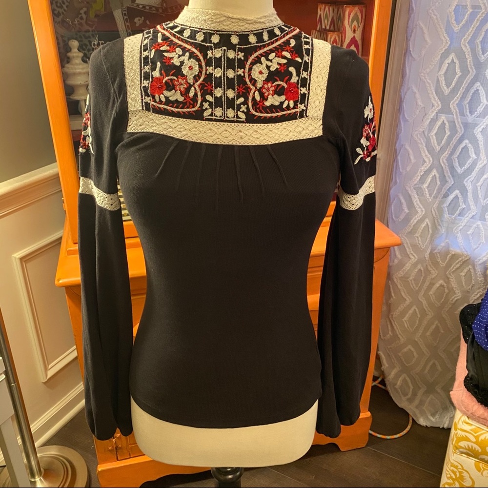 Free People Black Top with Floral Embroidery